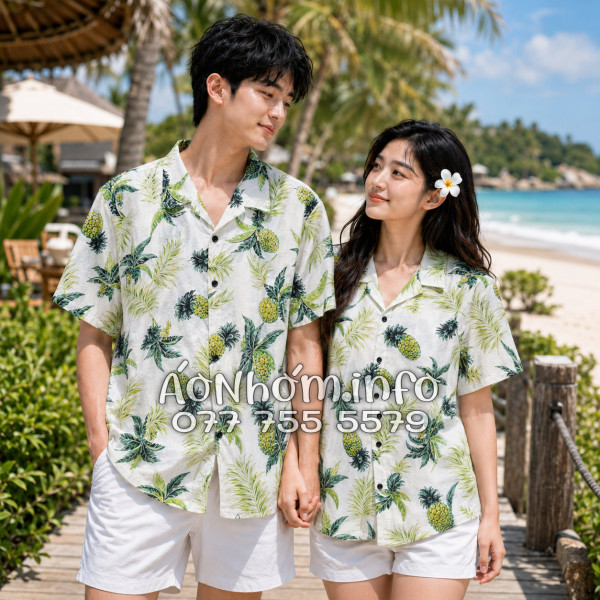 Áo Nhóm Đi Biển Vải Đũi Họa Tiết Thơm Dứa Cây Dừa Tropical - ATD031