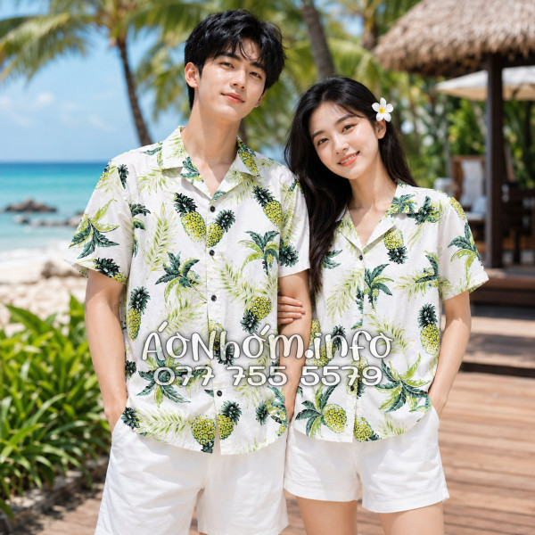 Áo Nhóm Đi Biển Vải Đũi Họa Tiết Thơm Dứa Cây Dừa Tropical - ATD031
