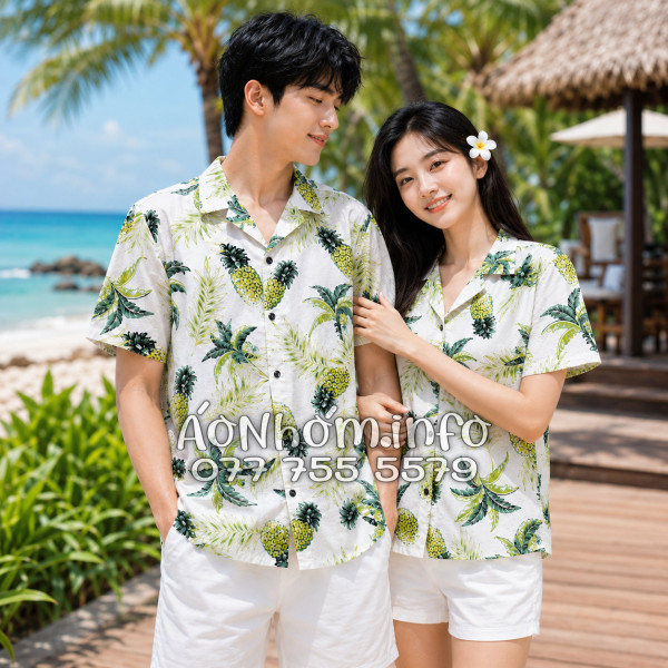 Áo Nhóm Đi Biển Vải Đũi Họa Tiết Thơm Dứa Cây Dừa Tropical - ATD031
