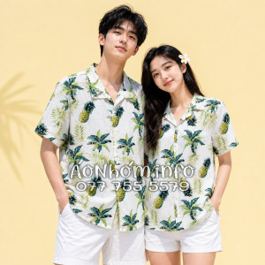 Áo Nhóm Đi Biển Vải Đũi Họa Tiết Thơm Dứa Cây Dừa Tropical - ATD031
