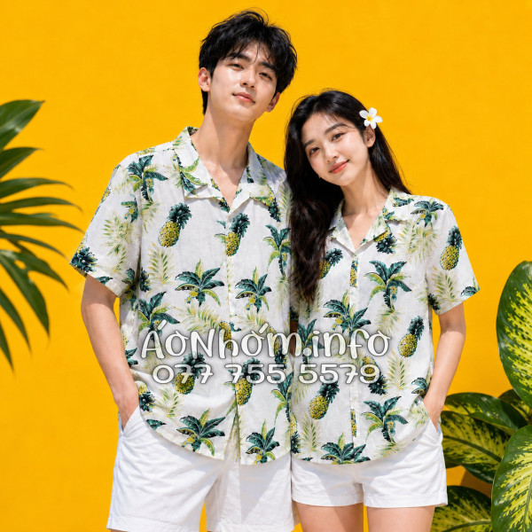 Áo Nhóm Đi Biển Vải Đũi Họa Tiết Thơm Dứa Cây Dừa Tropical - ATD031