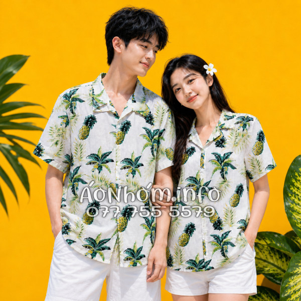 Áo Nhóm Đi Biển Vải Đũi Họa Tiết Thơm Dứa Cây Dừa Tropical - ATD031