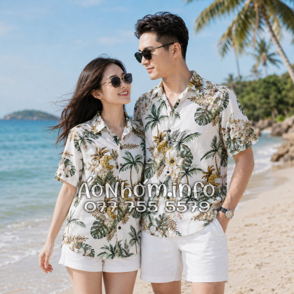 Áo Nhóm Đi Biển Vải Đũi Họa Tiết Thơm Dứa Cây Dừa Hoa Sứ - ATD032