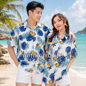 Áo Nhóm Đi Biển Vải Đũi Họa Tiết Trái Đào Lá Xanh Tropical - ATD033