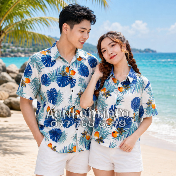 Áo Nhóm Đi Biển Vải Đũi Họa Tiết Trái Đào Lá Xanh Tropical - ATD033