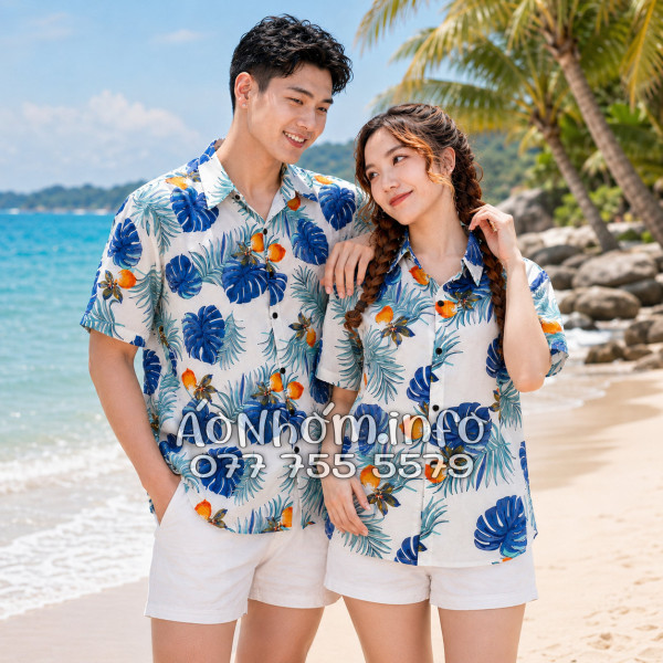 Áo Nhóm Đi Biển Vải Đũi Họa Tiết Trái Đào Lá Xanh Tropical - ATD033
