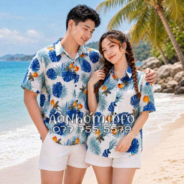 Áo Nhóm Đi Biển Vải Đũi Họa Tiết Trái Đào Lá Xanh Tropical - ATD033