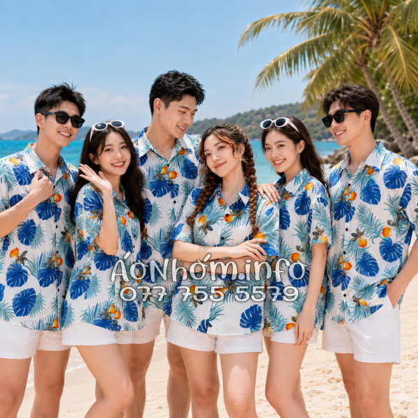 Áo Nhóm Đi Biển Vải Đũi Họa Tiết Trái Đào Lá Xanh Tropical - ATD033