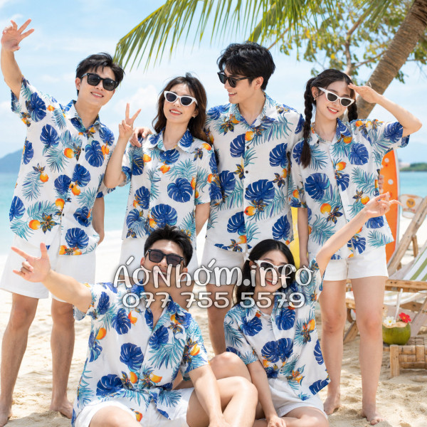 Áo Nhóm Đi Biển Vải Đũi Họa Tiết Trái Đào Lá Xanh Tropical - ATD033