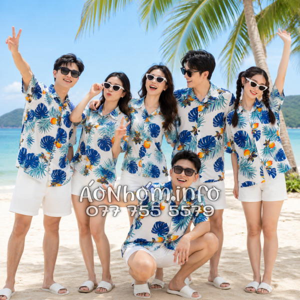 Áo Nhóm Đi Biển Vải Đũi Họa Tiết Trái Đào Lá Xanh Tropical - ATD033