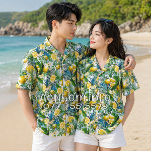 Áo Nhóm Đi Biển Vải Đũi Họa Tiết Chanh Vàng Lá Xanh - ATD034