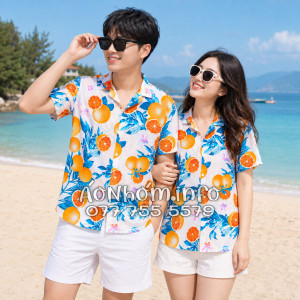 Áo Nhóm Đi Biển Vải Đũi Họa Tiết Trái Cam Lá Xanh Tropical - ATD035
