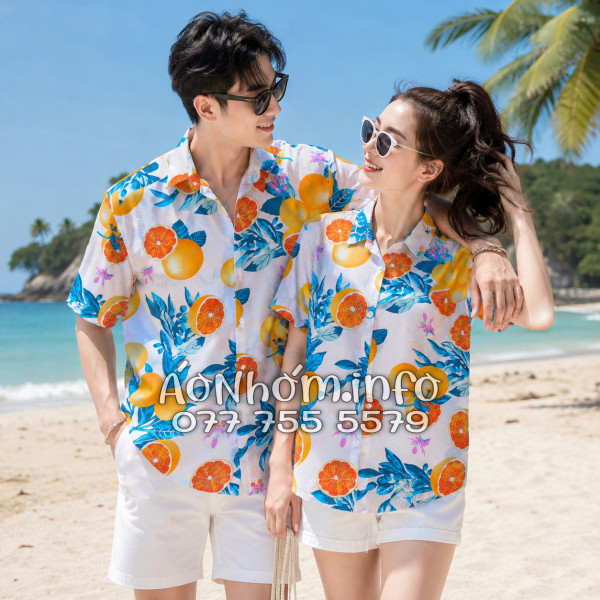 Áo Nhóm Đi Biển Vải Đũi Họa Tiết Trái Cam Lá Xanh Tropical - ATD035