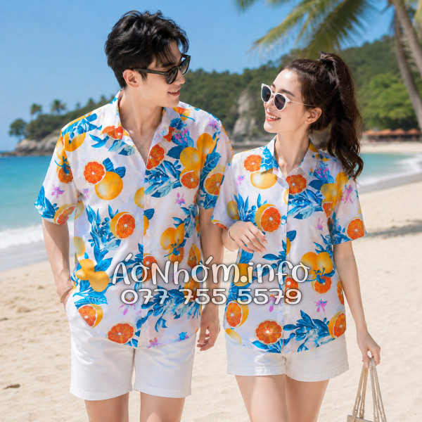 Áo Nhóm Đi Biển Vải Đũi Họa Tiết Trái Cam Lá Xanh Tropical - ATD035