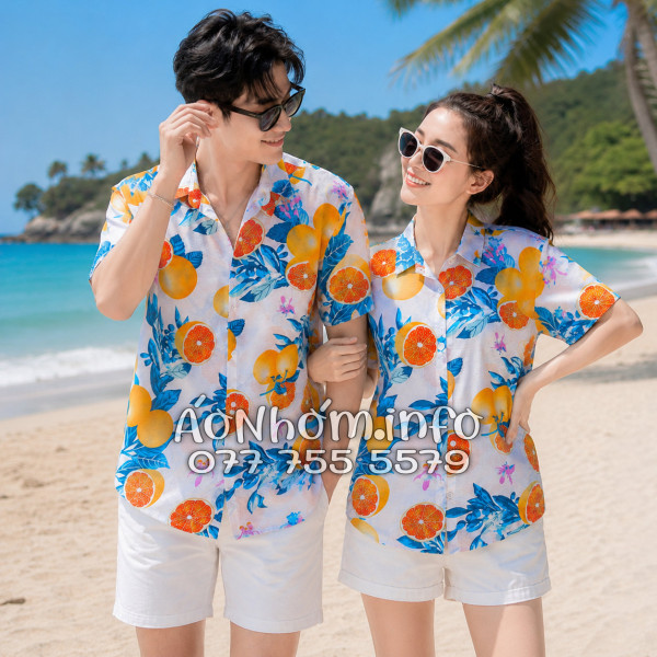 Áo Nhóm Đi Biển Vải Đũi Họa Tiết Trái Cam Lá Xanh Tropical - ATD035
