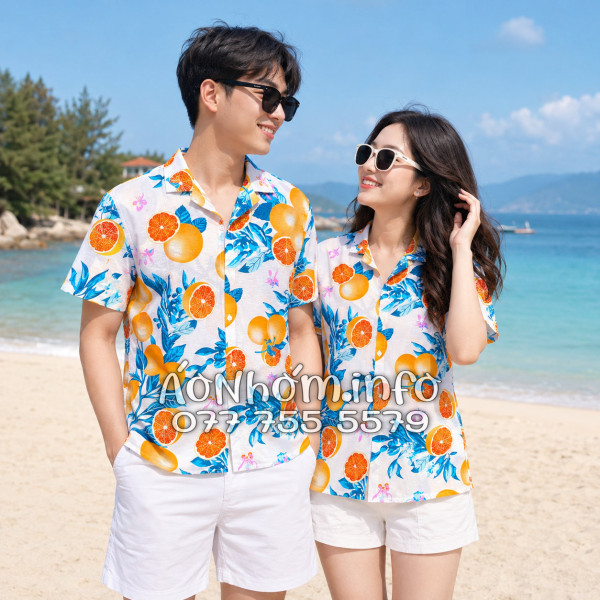 Áo Nhóm Đi Biển Vải Đũi Họa Tiết Trái Cam Lá Xanh Tropical - ATD035