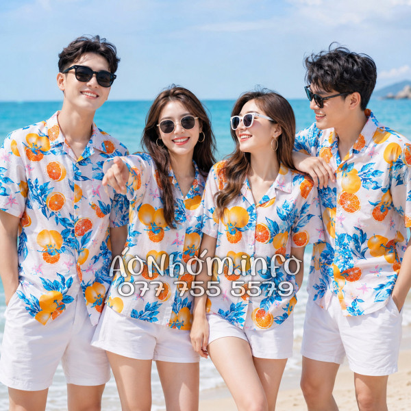 Áo Nhóm Đi Biển Vải Đũi Họa Tiết Trái Cam Lá Xanh Tropical - ATD035