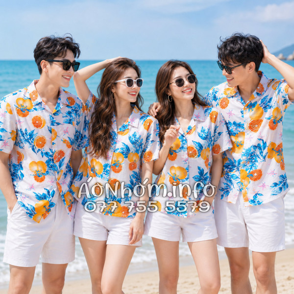 Áo Nhóm Đi Biển Vải Đũi Họa Tiết Trái Cam Lá Xanh Tropical - ATD035