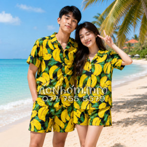 Bộ Đồ Nhóm Đi Biển Họa Tiết Chuối Vàng Nền Đen