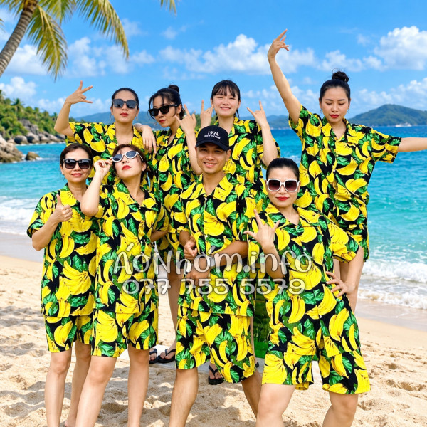 Bộ Đồ Nhóm Đi Biển Họa Tiết Chuối Vàng Nền Đen