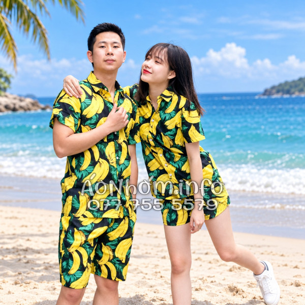Bộ Đồ Nhóm Đi Biển Họa Tiết Chuối Vàng Nền Đen