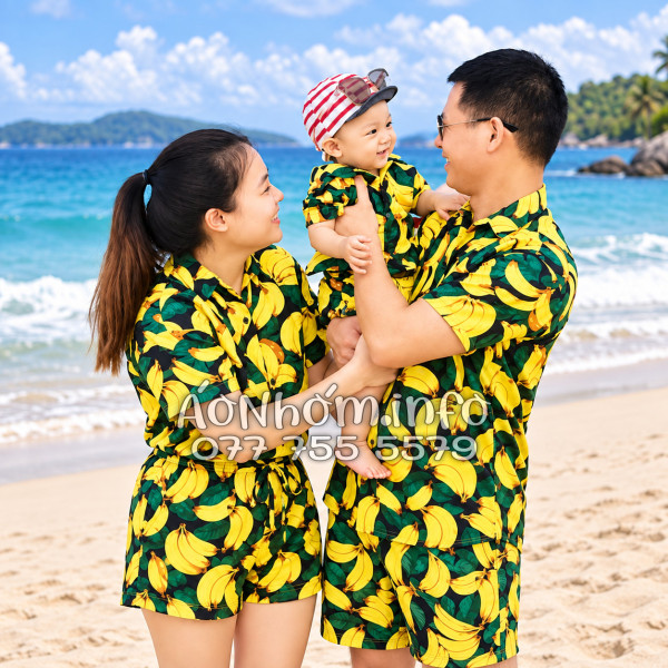 Bộ Đồ Nhóm Đi Biển Họa Tiết Chuối Vàng Nền Đen