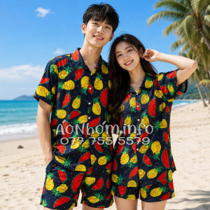 Bộ Đồ Nhóm Đi Biển Họa Tiết Thơm Dưa Hấu Nền Đen