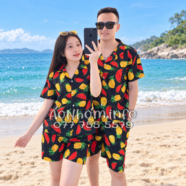 Bộ Đồ Nhóm Đi Biển Họa Tiết Thơm Dưa Hấu Nền Đen