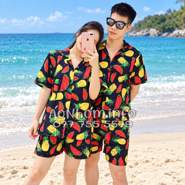 Bộ Đồ Nhóm Đi Biển Họa Tiết Thơm Dưa Hấu Nền Đen