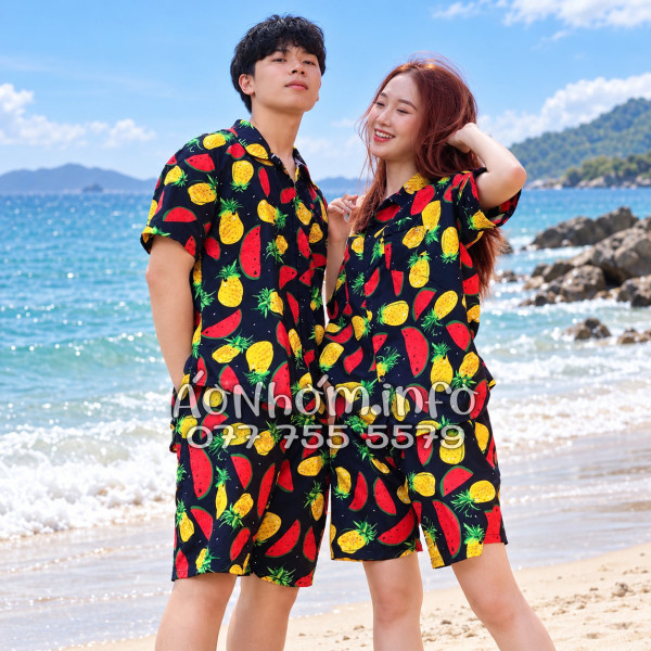 Bộ Đồ Nhóm Đi Biển Họa Tiết Thơm Dưa Hấu Nền Đen