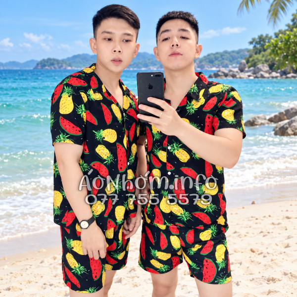 Bộ Đồ Nhóm Đi Biển Họa Tiết Thơm Dưa Hấu Nền Đen