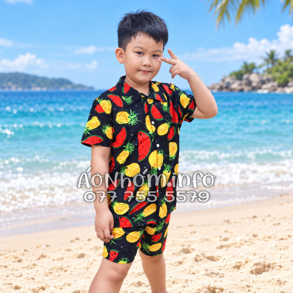 Bộ Đồ Nhóm Đi Biển Họa Tiết Thơm Dưa Hấu Nền Đen