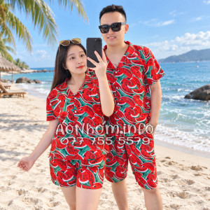 Bộ Áo Sơ Mi Quần Short Nhóm Đi Biển Họa Tiết Dưa Hấu Đỏ