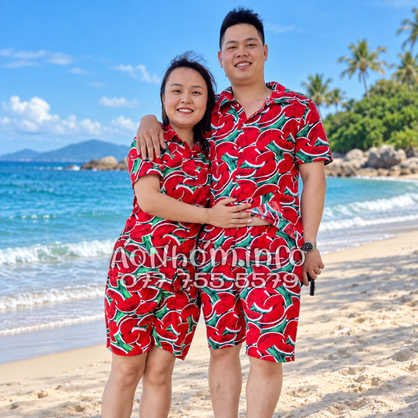 Bộ Áo Sơ Mi Quần Short Nhóm Đi Biển Họa Tiết Dưa Hấu Đỏ