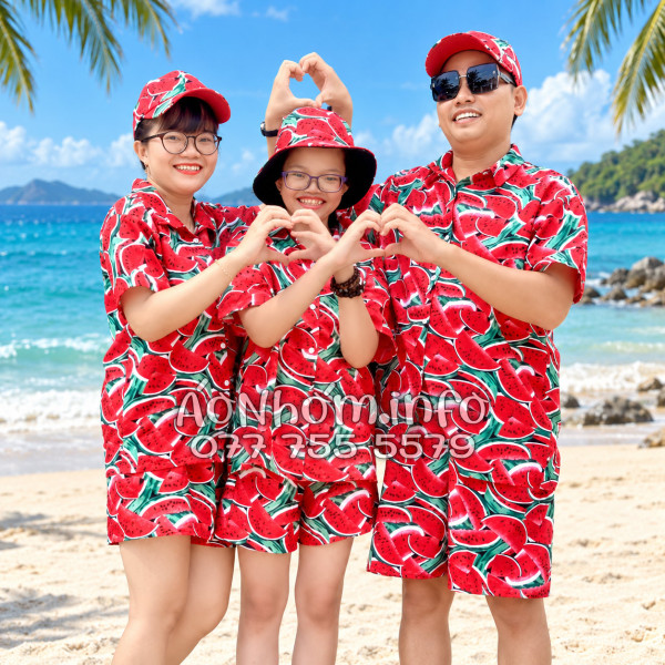 Bộ Áo Sơ Mi Quần Short Nhóm Đi Biển Họa Tiết Dưa Hấu Đỏ