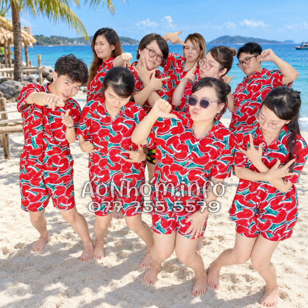 Bộ Áo Sơ Mi Quần Short Nhóm Đi Biển Họa Tiết Dưa Hấu Đỏ