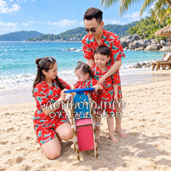 Bộ Áo Sơ Mi Quần Short Nhóm Đi Biển Họa Tiết Dưa Hấu Đỏ