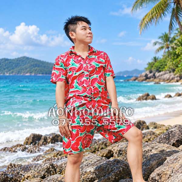 Bộ Áo Sơ Mi Quần Short Nhóm Đi Biển Họa Tiết Dưa Hấu Đỏ