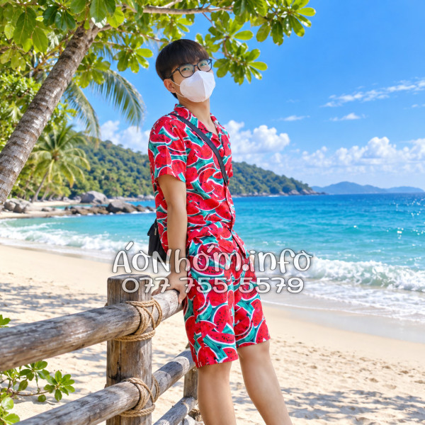Bộ Áo Sơ Mi Quần Short Nhóm Đi Biển Họa Tiết Dưa Hấu Đỏ