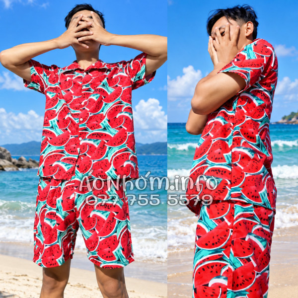 Bộ Áo Sơ Mi Quần Short Nhóm Đi Biển Họa Tiết Dưa Hấu Đỏ