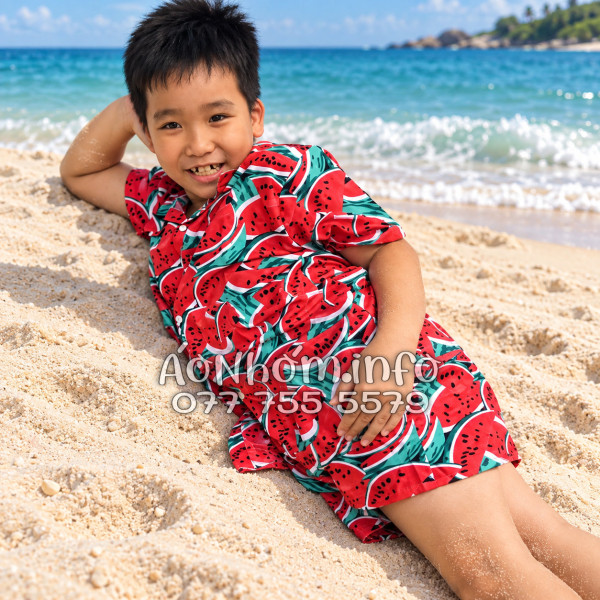 Bộ Áo Sơ Mi Quần Short Nhóm Đi Biển Họa Tiết Dưa Hấu Đỏ