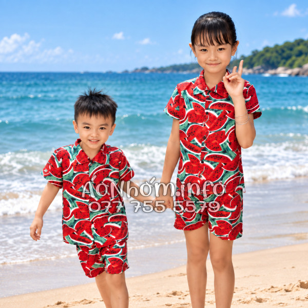 Bộ Áo Sơ Mi Quần Short Nhóm Đi Biển Họa Tiết Dưa Hấu Đỏ