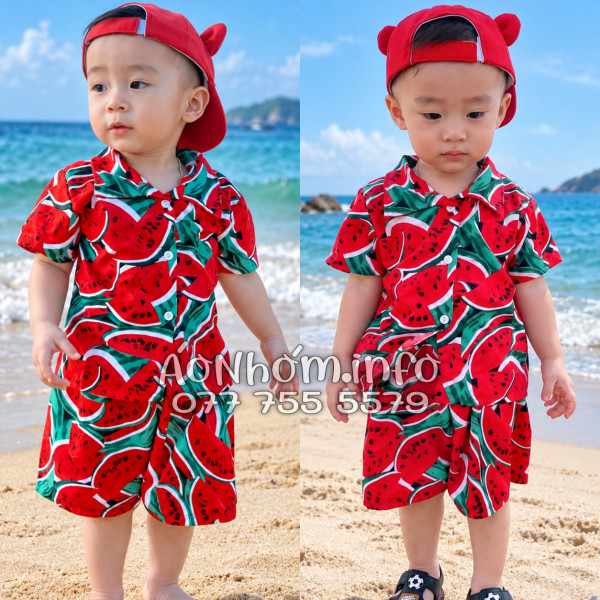 Bộ Áo Sơ Mi Quần Short Nhóm Đi Biển Họa Tiết Dưa Hấu Đỏ
