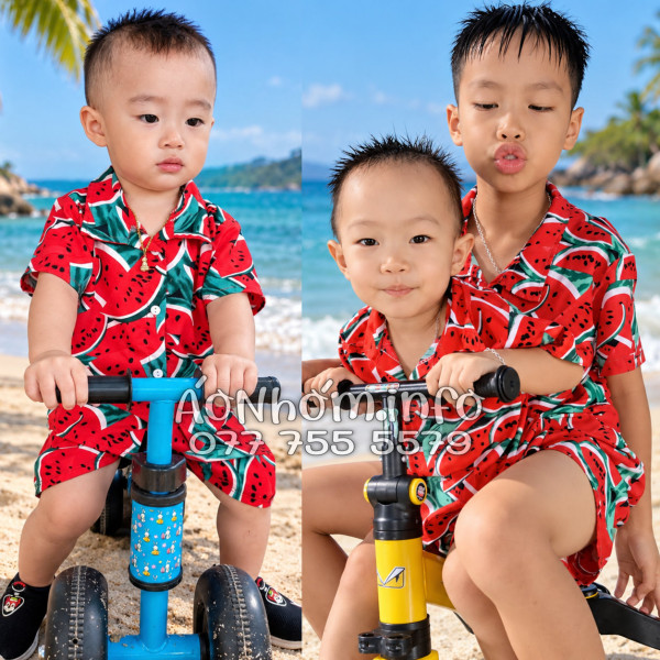 Bộ Áo Sơ Mi Quần Short Nhóm Đi Biển Họa Tiết Dưa Hấu Đỏ
