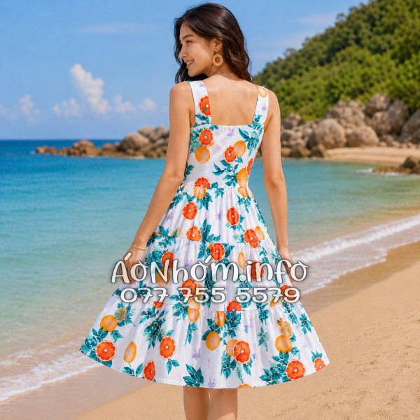 Đầm Nhóm Nữ Đi Biển Kate Thái Họa Tiết Trái Cam Nền Trắng