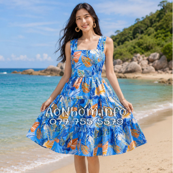 Đầm Nhóm Nữ Đi Biển Kate Thái Họa Tiết Lá Môn Xanh Tropical