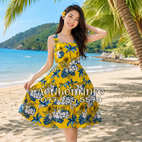 Đầm Nhóm Nữ Đi Biển Kate Thái Họa Tiết Thơm Dứa Cây Dừa Màu Vàng - DAM002