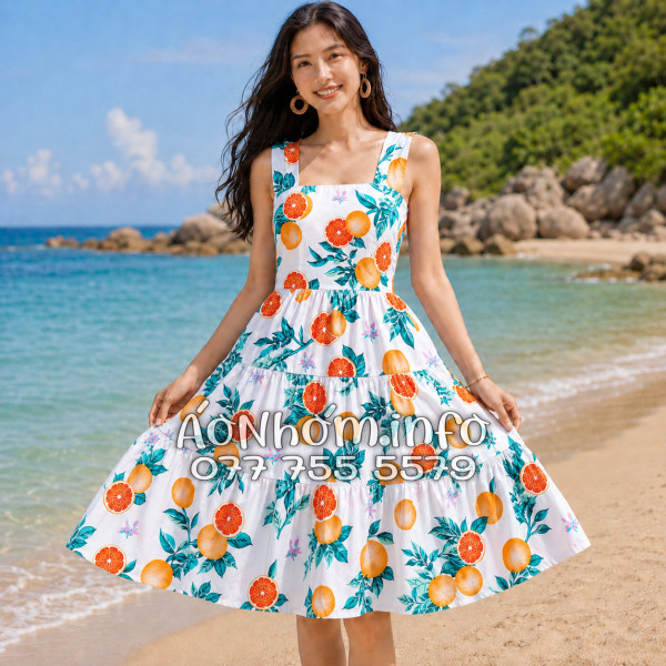 Đầm Nhóm Nữ Đi Biển Kate Thái Họa Tiết Trái Cam Nền Trắng - DAM003
