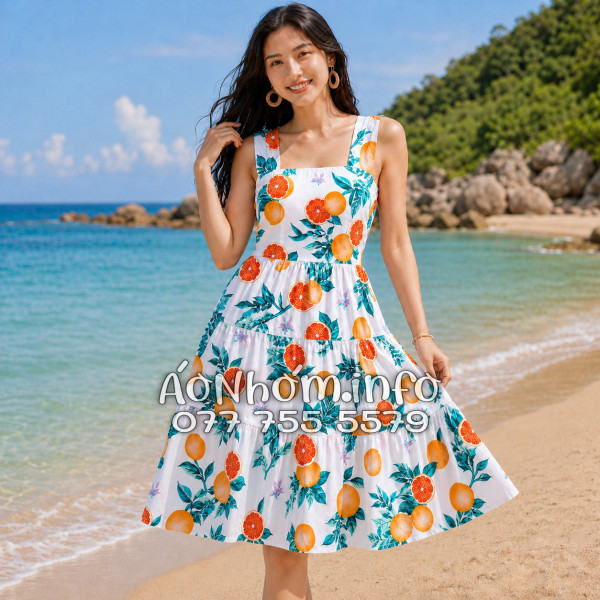 Đầm Nhóm Nữ Đi Biển Kate Thái Họa Tiết Trái Cam Nền Trắng - DAM003