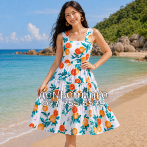 Đầm Nhóm Nữ Đi Biển Kate Thái Họa Tiết Trái Cam Nền Trắng - DAM003